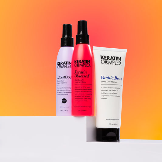 Image with 3 products: KCSMOOTH Leave-In Lotion, Keratin Obsessed and Vanilla Bean