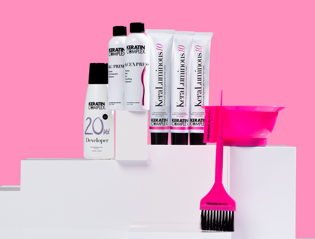 Image of the new Express Color & Smoothing System. The image gas the 20 vol developer, KCPRIMER, KCEXPRESS, 3 shades of the KeraLuminous10, pink brush and pink bowl