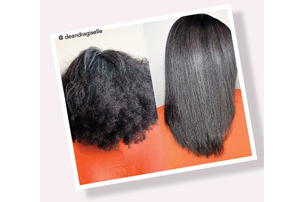 A before and after image of a woman's hair