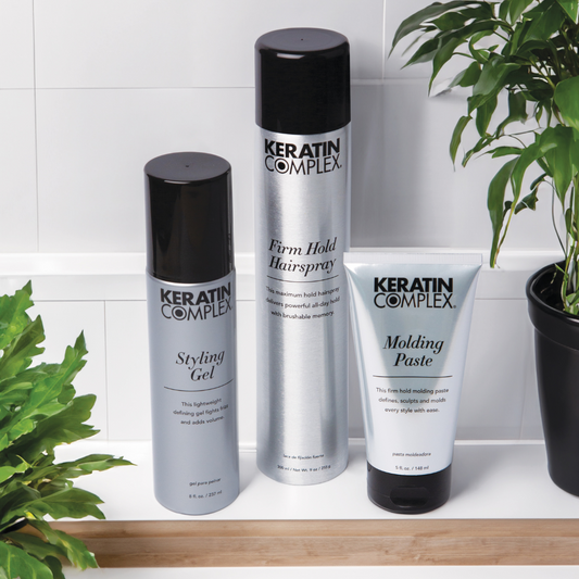 Product photo of styling gel, firm hold hairspray and molding paste