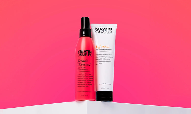 The image features two Keratin Complex products displayed on a clean, white surface against a bold pink gradient background.