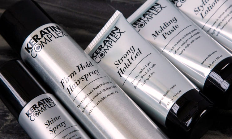 A closeup of five Keratin Complex products