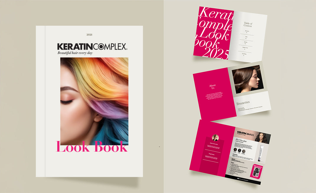 The 2025 Keratin Complex Look Book cover features a model with rainbow-colored hair and the tagline "Beautiful hair every day.