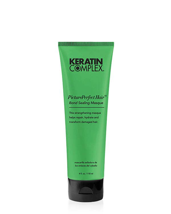 Green PicturePerfect hair masque bottle on white background