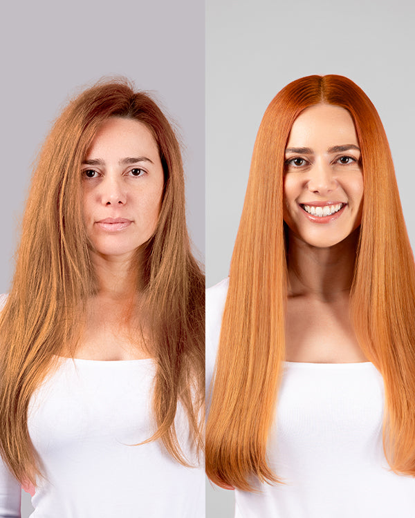 Before and after of a woman with long copper hair — on the left, her hair is frizzy; on the right, it’s smooth