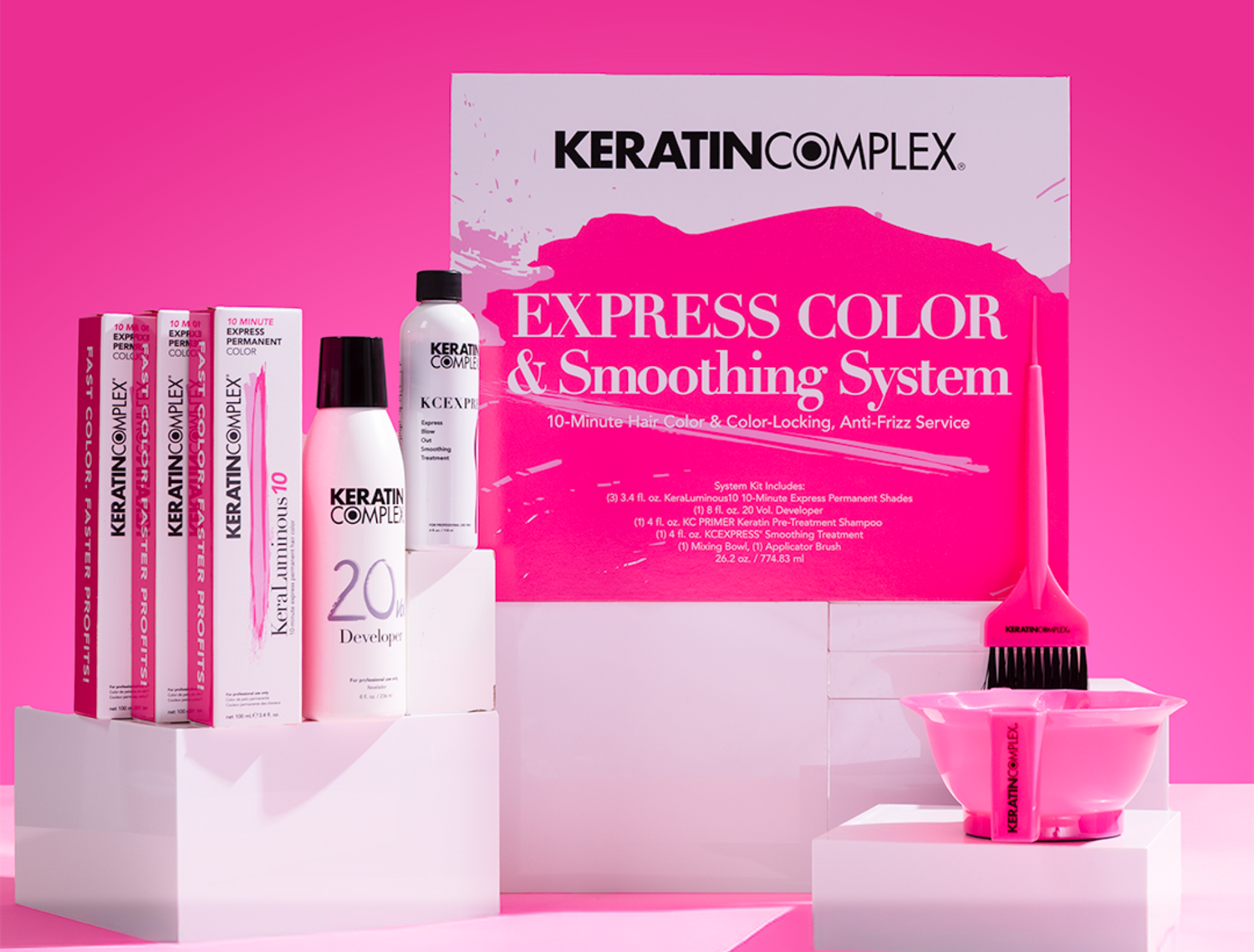 Keratin Complex new EXPRESS COLOR & Smoothing System on a pink background