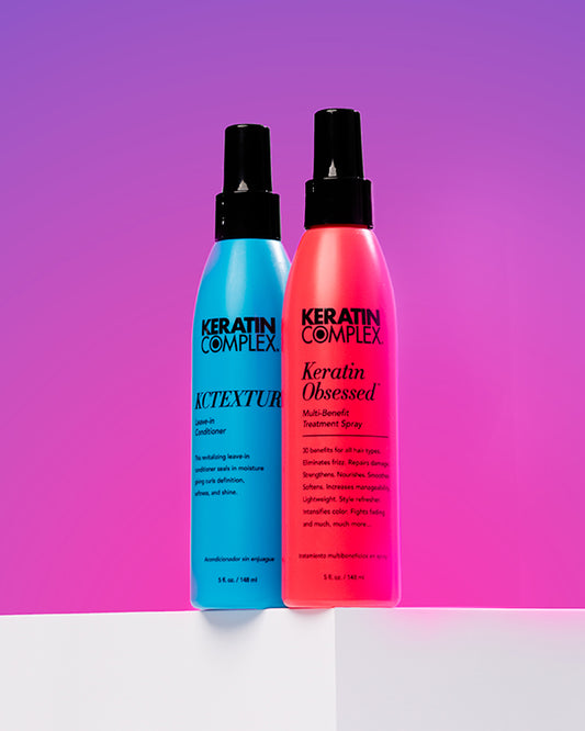 Keratin Obsessed and KCEXTURE sprays on purple background