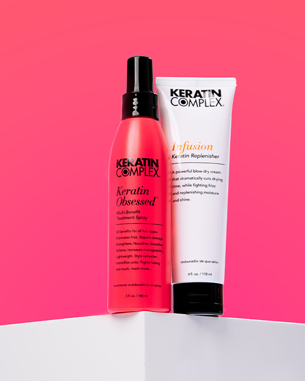 Keratin Obsessed and Infusion on a pink background