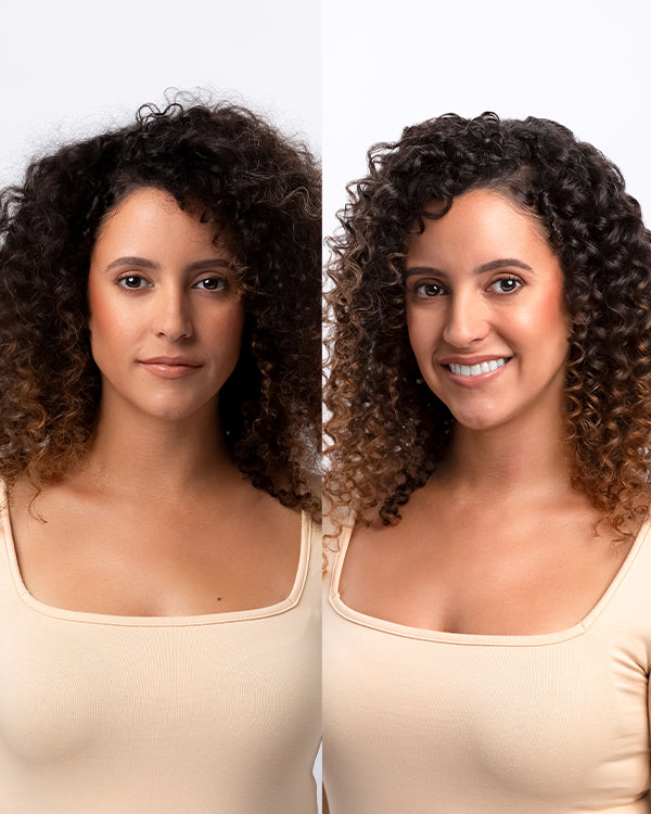 Before and after of a woman with long curly hair — on the left, her hair is frizzy; on the right, it’s smooth
