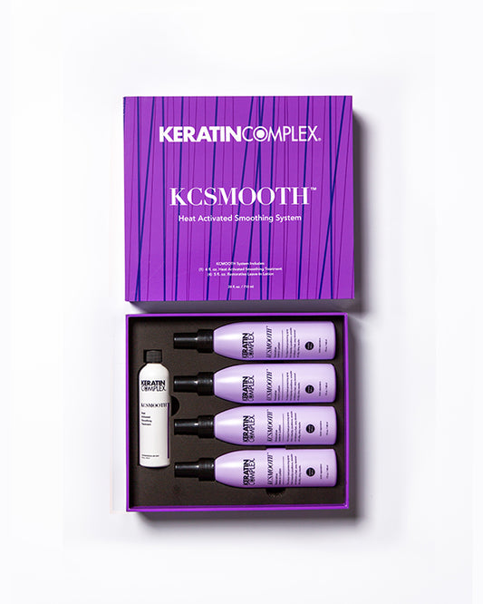 Purple open KCSMOOTH box showing bottle and aftercare on white background