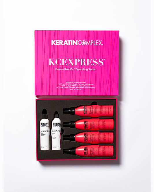 Pink open KCEXPRESS box showing bottle and aftercare on white background