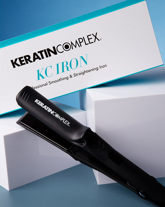 KC IRON from Keratin Complex, a professional smoothing and straightening tool displayed with its packaging