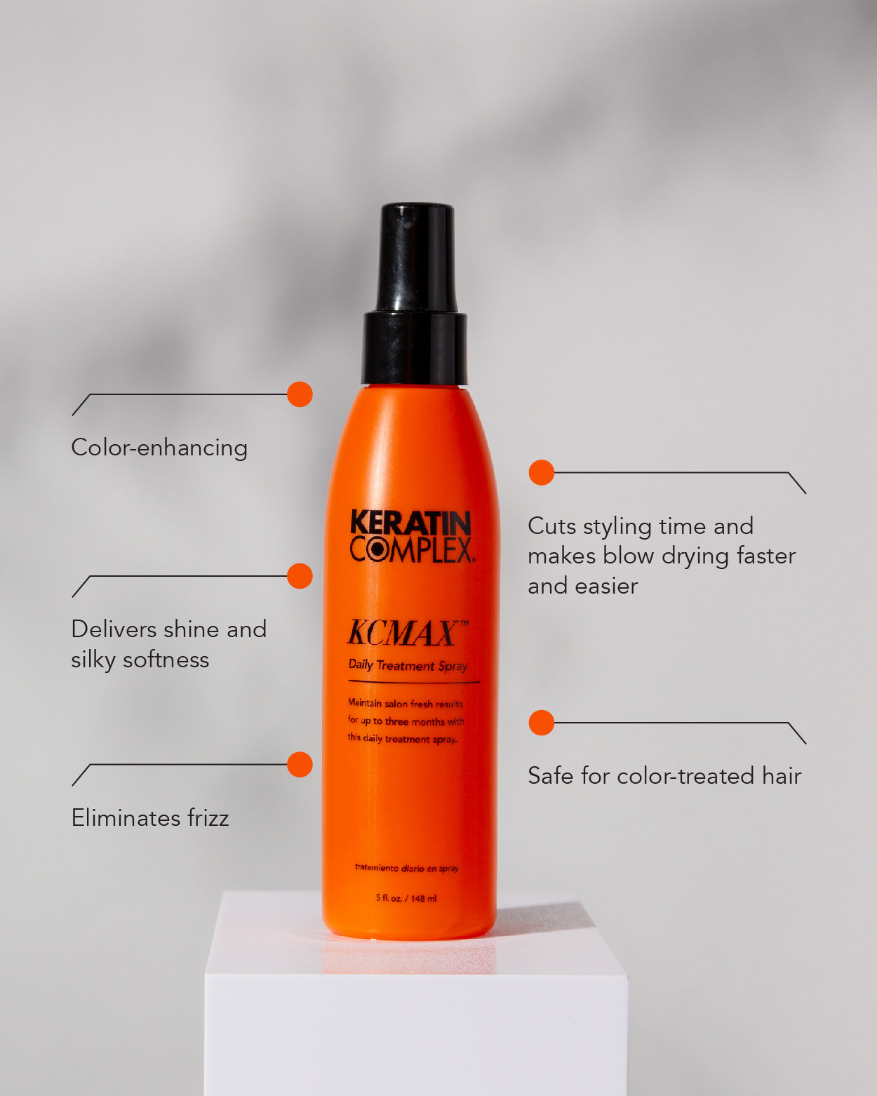 Graphic with model || Color-enhancing, Delivers shine and silky softness, Eliminates frizz, Cuts styling time and makes blow drying faster and easier, safe for color-treated hair