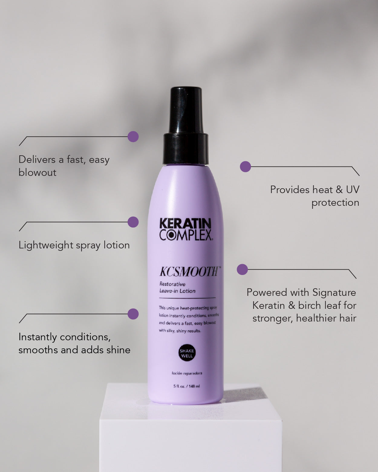 Keratin Complex KCSmooth in a light purple bottle || Delivers a fast, easy blowout, lightweight spray lotion, Instantly conditions, smooths and adds shine, provides heat & UV protection, Powered with signature keratin & birch leaf for stronger healthier hair