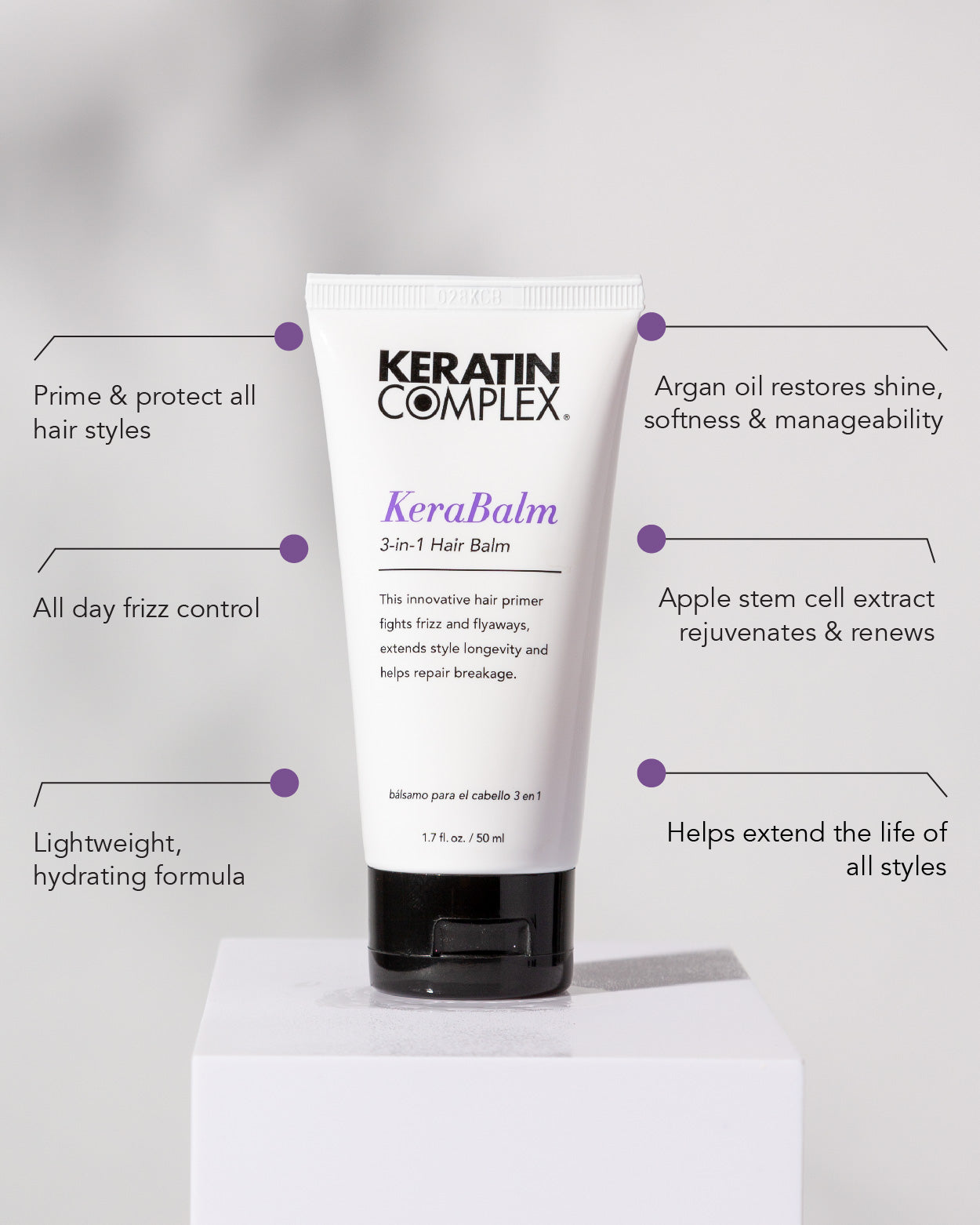 Kerabalm infographic || Prime & Protect all hair styles, all day frizz control, lightweight hydrating formula, argan oil restores shine, softness & manageability, apple stem cell extract rejuvenates & renews, Helps extend the life of all styles