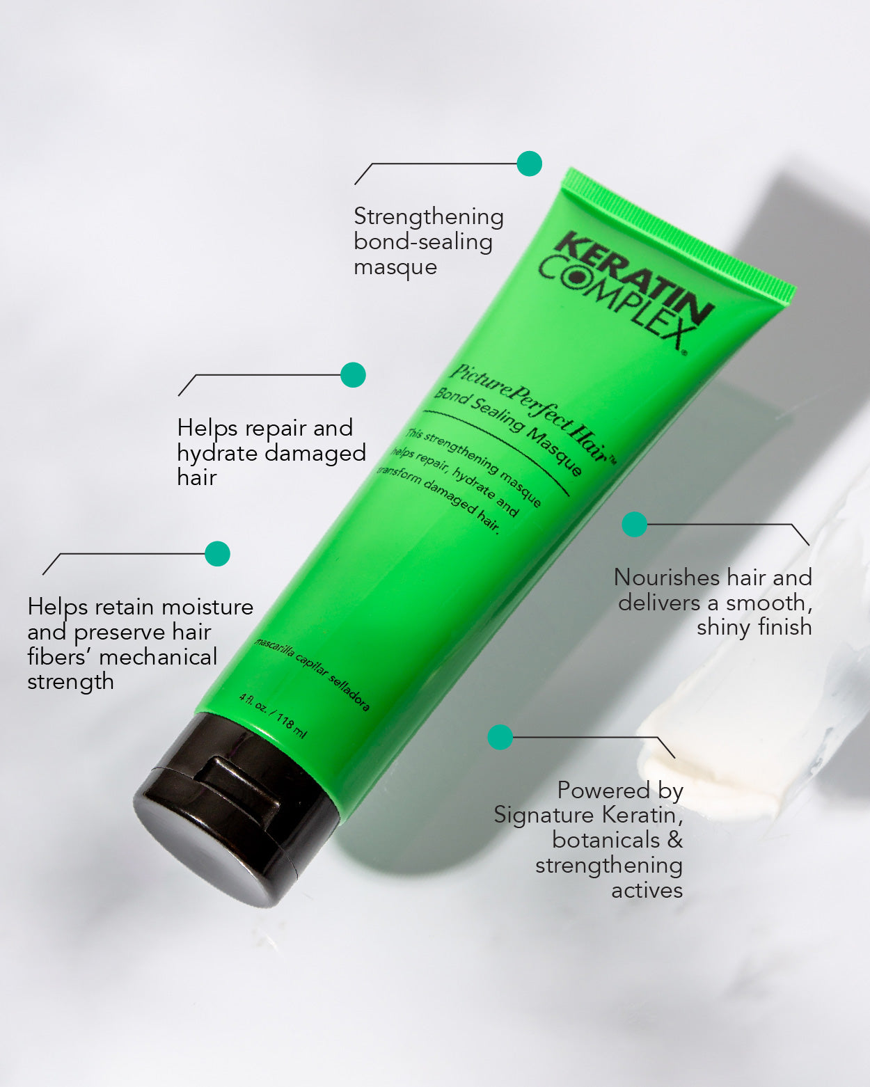 graphic || Strengthening bond-sealing masque, helps repair and hydrate damaged hair, Helps retain moisture and preserve hair fibers' mechanical strength, nourishes hair and delivers a smooth shiny finish, powered by signature keratin botanical & strengthening actives