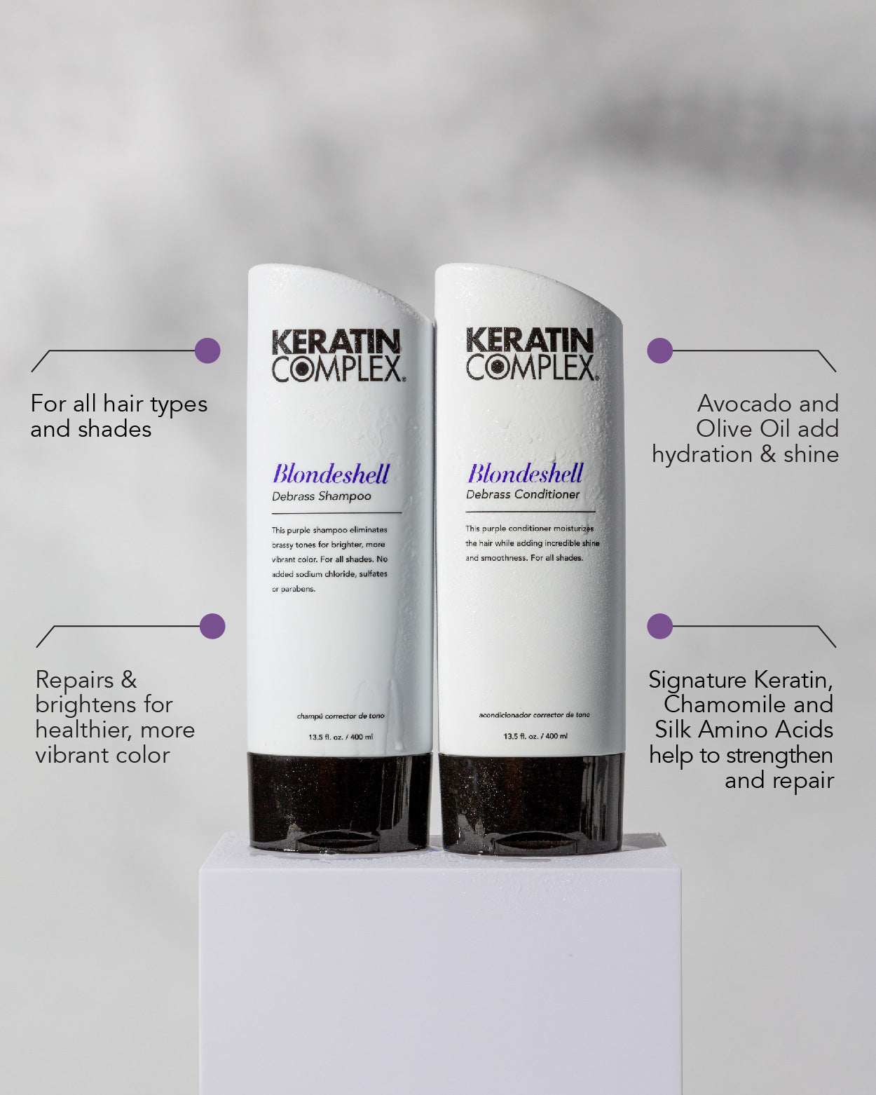 graphic || For all hair types and shades, Repairs & brightens for healthier, more vibrant color, avocado and olive oil add hydration & shine, signature keratin, chamomile and silk amino acids help to strengthen and repair