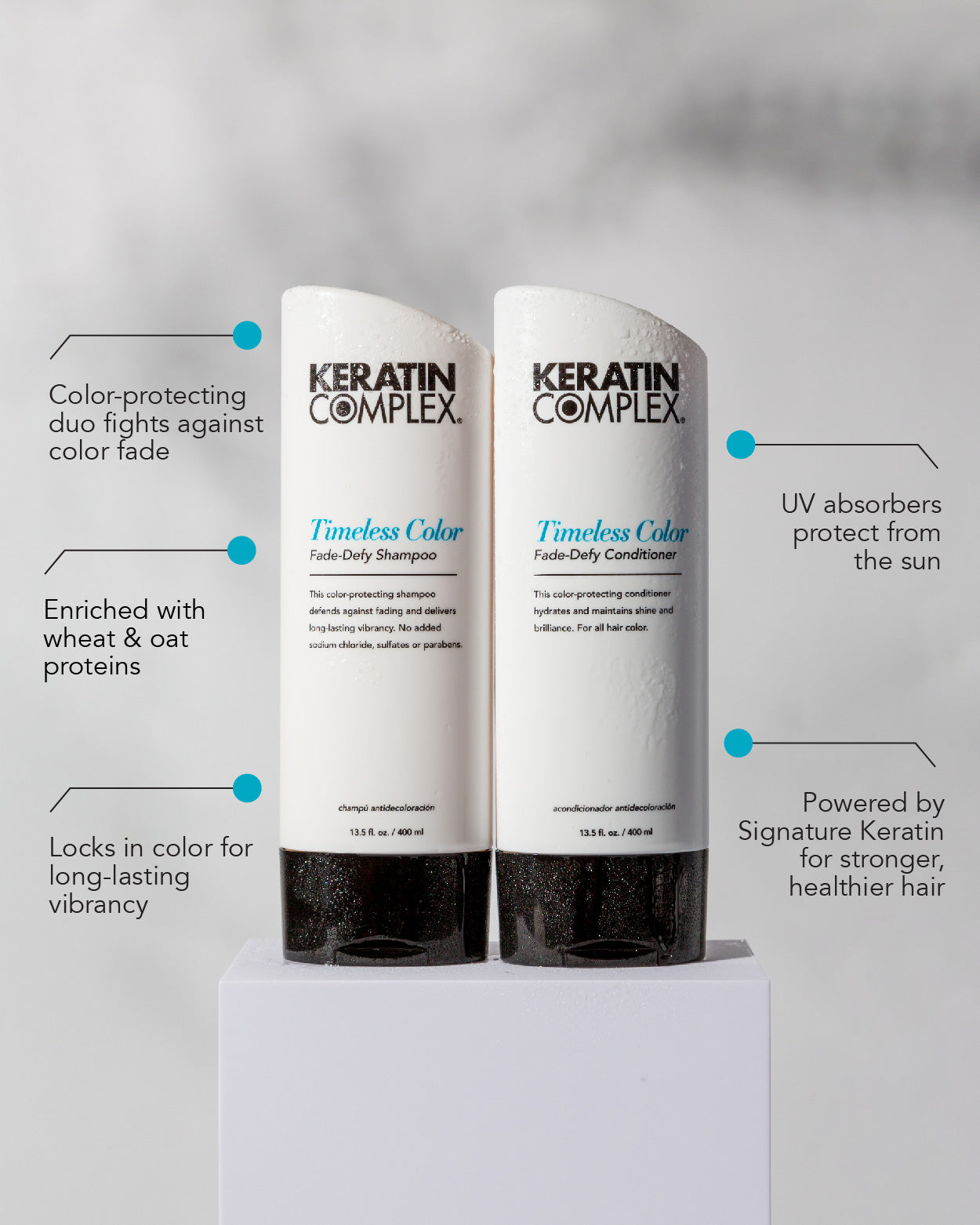 Infographic || Color-protecting duo flights against color fade, enriched with wheat & oat proteins, locks in color for long-lasting vibrancy, UV absorbers protect from the sun, powered by signature keratin for stronger healthier hair