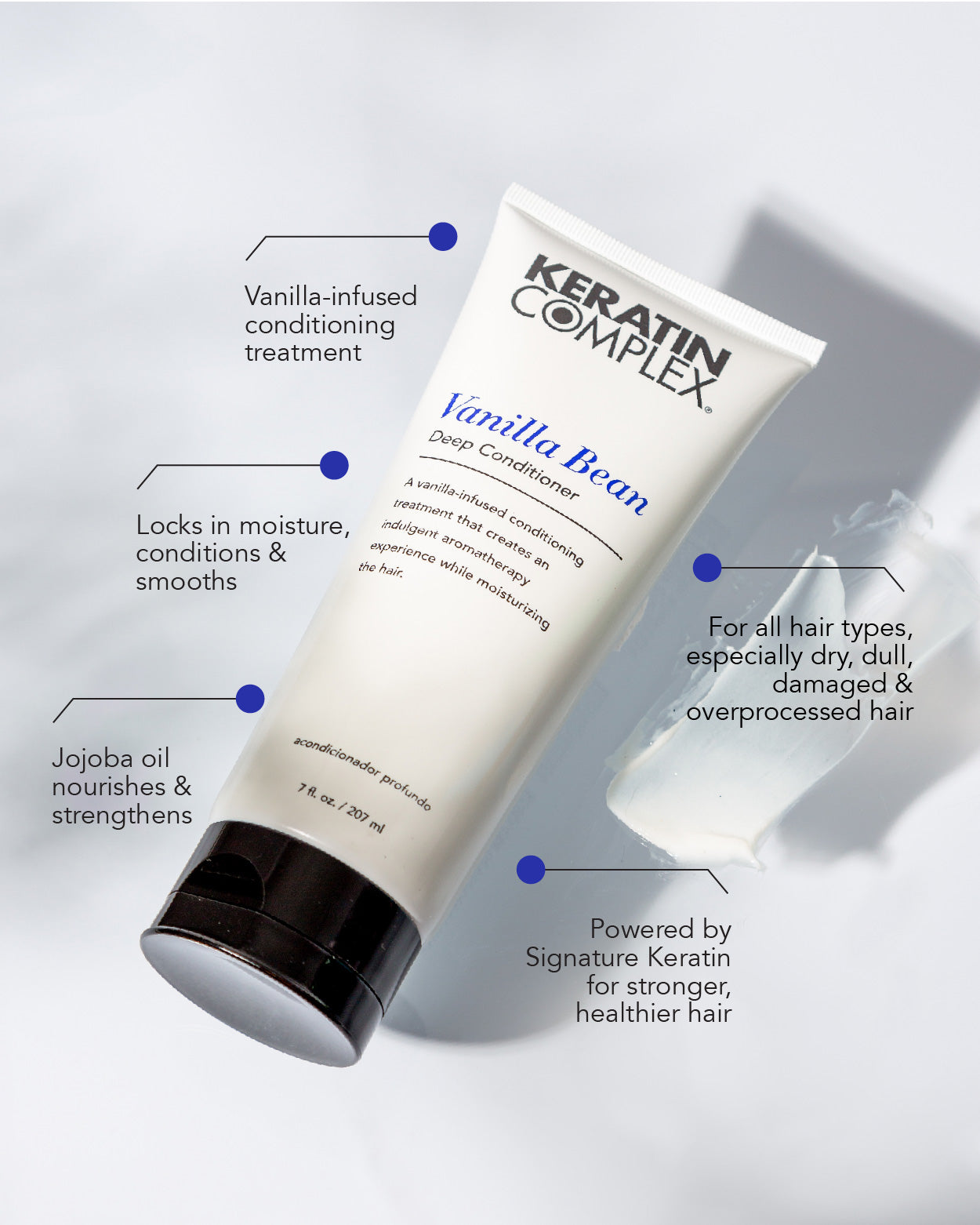 graphic || Vanilla-infused conditioning treatment, locks in moisture, conditions & smooths, jojoba oil nourishes strengthens, for all hair types especially dry dull damaged & over processed hair, powered by signature keratin for stronger healthier hair
