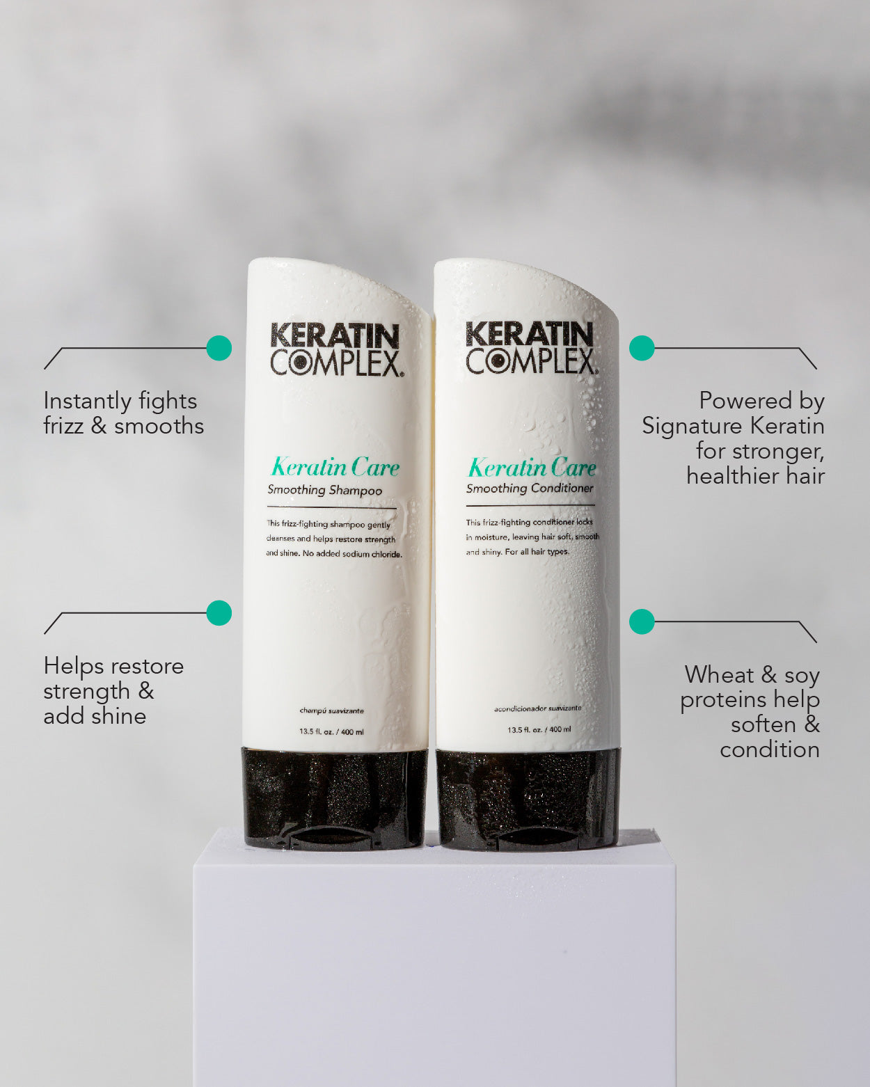 infographic|| instantly fights frizz & smooths, helps restore strength & add shine, powered by signature keratin for stronger healthier hair, wheat & soy proteins help soften & condition
