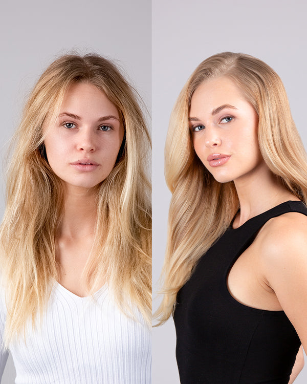 Before and after of a woman with long blonde hair — on the left, her hair is frizzy; on the right, it’s smooth and full of volume