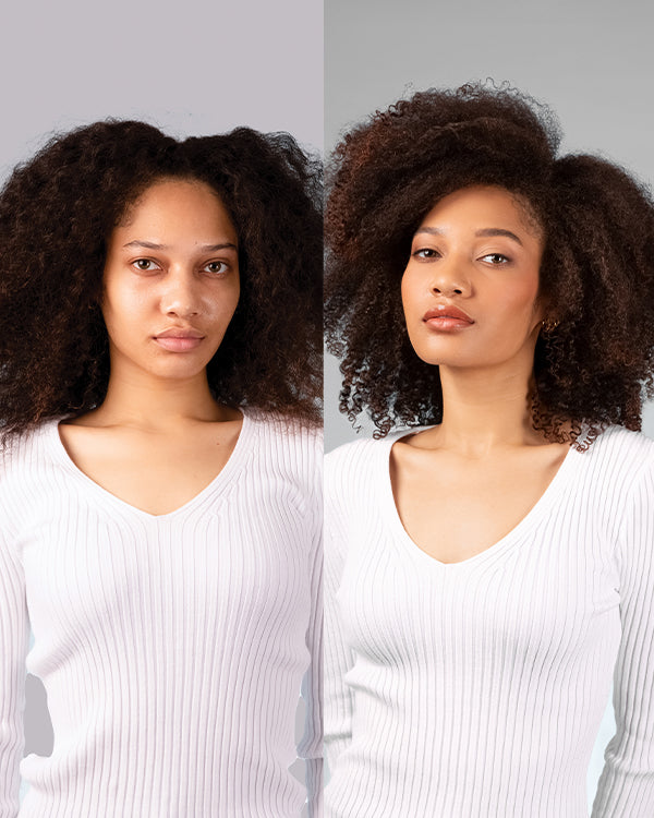 Before and after of a woman with long curly hair — on the left, her hair is frizzy; on the right, it’s smooth and full of volume