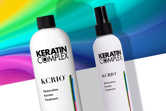 Two bottles of Keratin Complex KCRIO treatment on a colorful gradient background