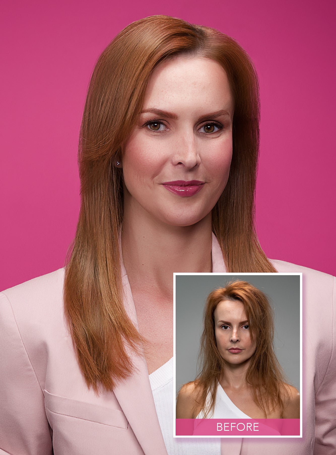 Beautiful red hair woman with shiny hair and small before hair picture with dull, damaged hair