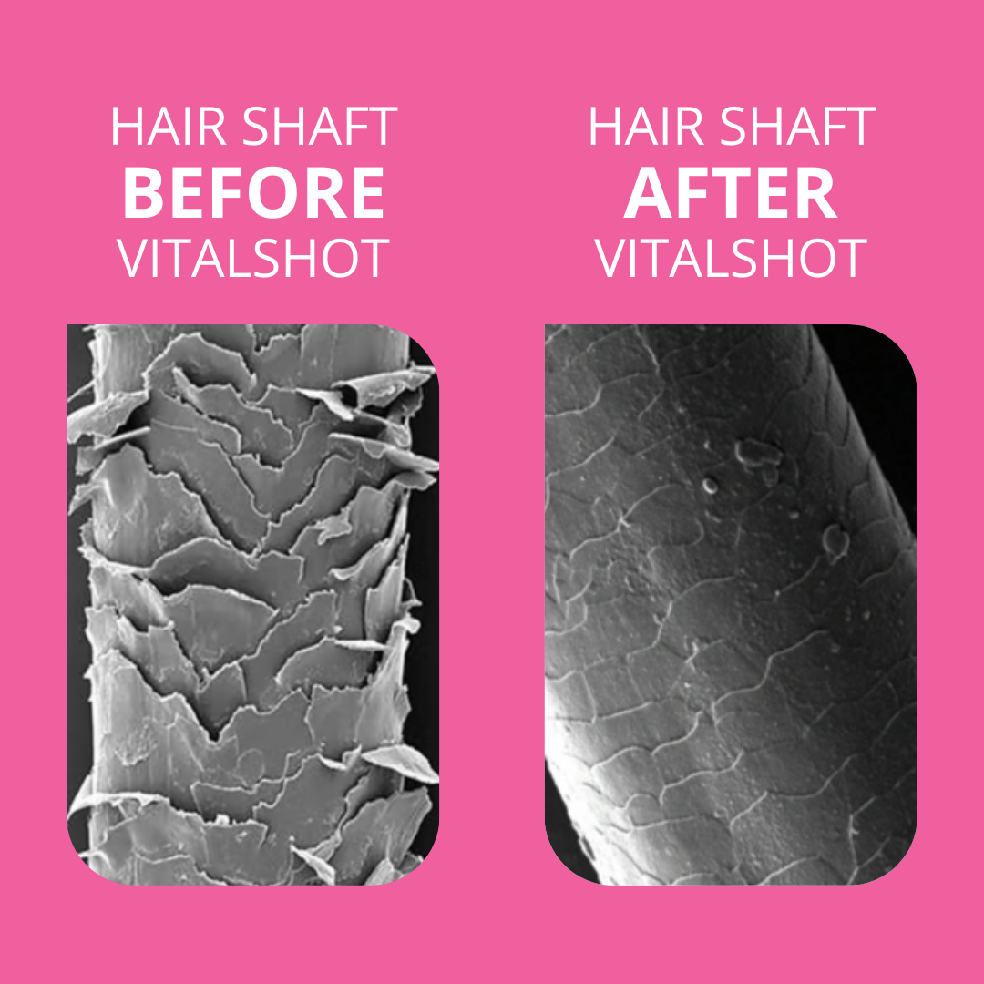 The image shows a comparison of a hair shaft before and after using a treatment called Vitalshot. On the left, labeled "Hair Shaft Before Vitalshot," the hair shaft appears damaged with lifted cuticles, showing visible signs of breakage. On the right, labeled "Hair Shaft After Vitalshot," the hair shaft looks smooth and intact, indicating the restorative effect of the treatment.