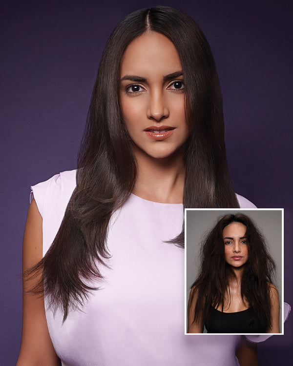 Before and after of a woman with long dark hair — on the right bottom, her hair is frizzy; on the right top, it’s smooth