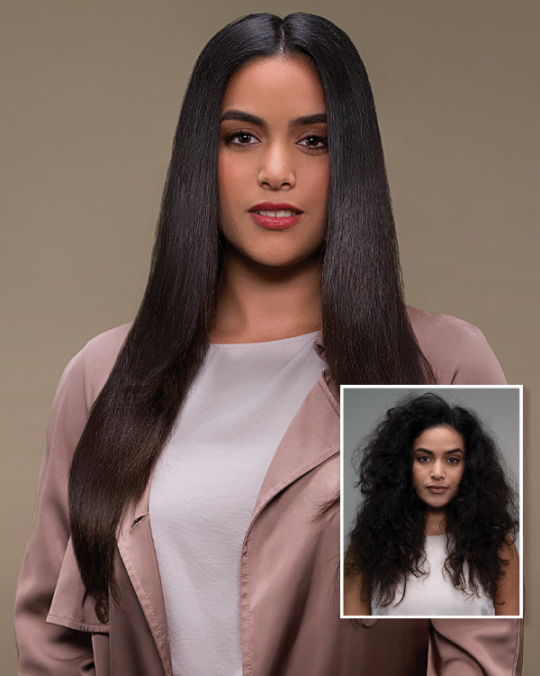 Before and after of a woman with long dark hair — on the right bottom, her hair is frizzy; on the right top, it’s smooth
