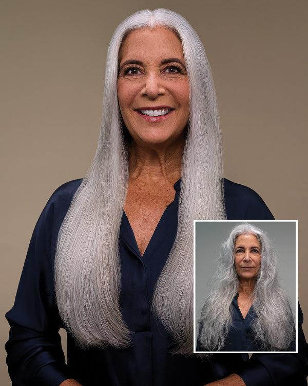 Before and after of a woman with long grey hair — on the right bottom, her hair is frizzy; on the right top, it’s smooth