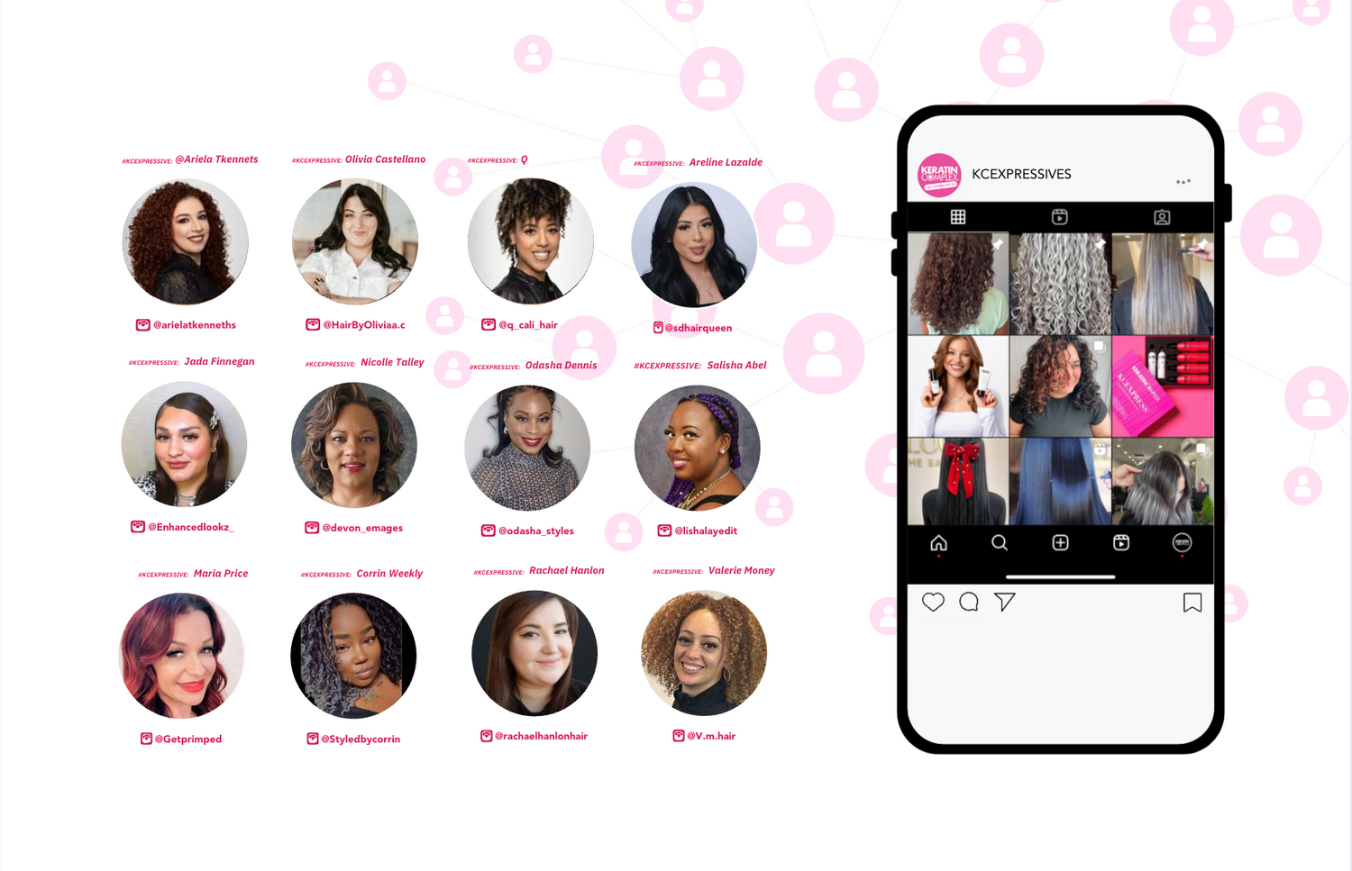 A collage featuring headshots of hairstylists from the Keratin Complex community, each with their Instagram handle and labeled as #KCEXPRESSIVE. To the right, an illustrated smartphone screen shows an Instagram grid with various hair transformations, products, and client results.