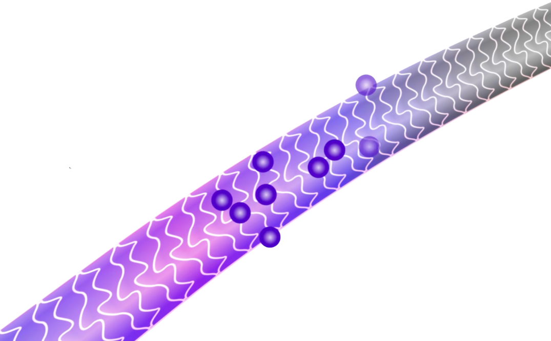 Illustration of a strand of hair with a purple gradient and wavy white lines representing internal structure. Small purple spheres are shown penetrating the hair shaft.