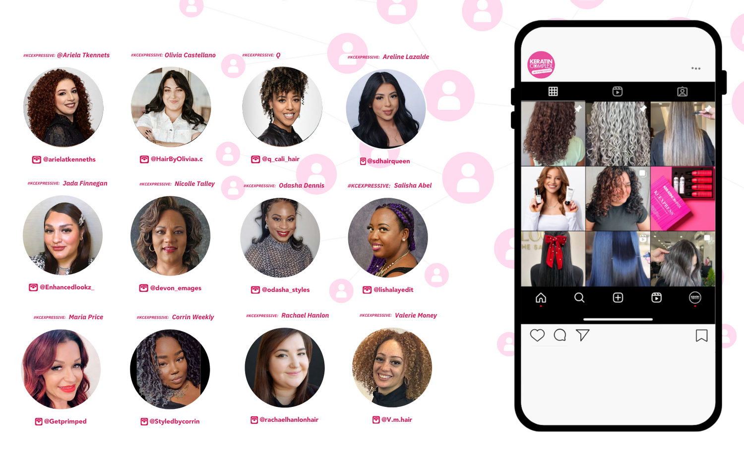 A collage featuring headshots of hairstylists from the Keratin Complex community, each with their Instagram handle and labeled as #KCEXPRESSIVE. To the right, an illustrated smartphone screen shows an Instagram grid with various hair transformations, products, and client results.