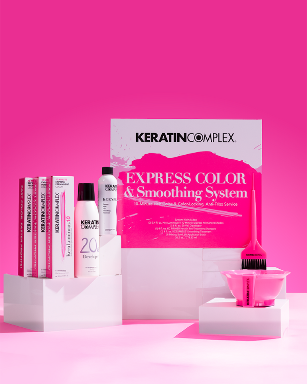 Keratin Complex Express Color & Smoothing System Kit with products included.