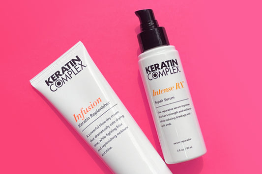 Two Keratin Complex products next to each other, the background color is pink