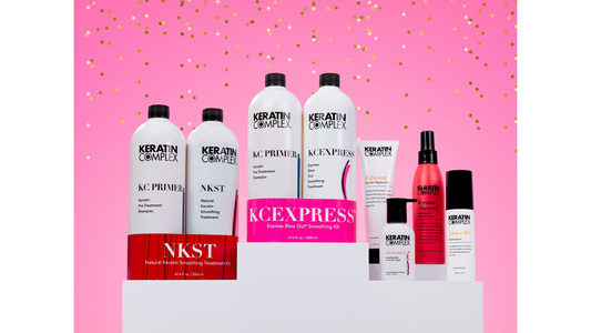 A group image showcasing both professional and consumer keratin complex products.