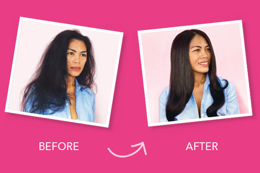 Before and After images of a woman's long black hair, before it's frizzy, after it's straight and soft