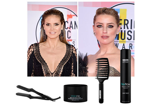Two images of two woman, over the top and below the images are four hair products, a hair straightener, two black bottles of hair product, and a hair brush