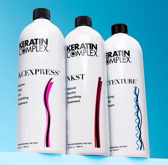 Three Keratin Complex liter treatments: KCEXPRESS, NKST, and KCTEXTURE against a blue background.