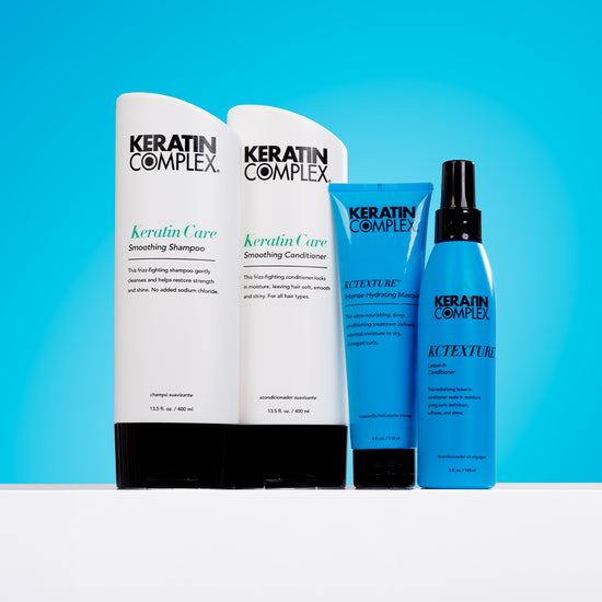 Keratin Care Smoothing Shampoo and Conditioner, KCTEXTURE Intense Hydrating Masque, and KCTEXTURE Leave-In Conditioner, displayed against a blue background.