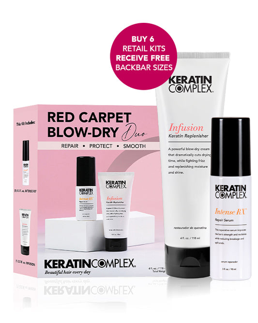 A product display for "Keratin Complex Red Carpet Blow-Dry Duo" featuring a repair serum and a keratin replenisher. The packaging highlights benefits like repairing, protecting, and smoothing hair. A circular label promotes a "Buy 6 Retail Kits, Receive Free Backbar Sizes" offer.