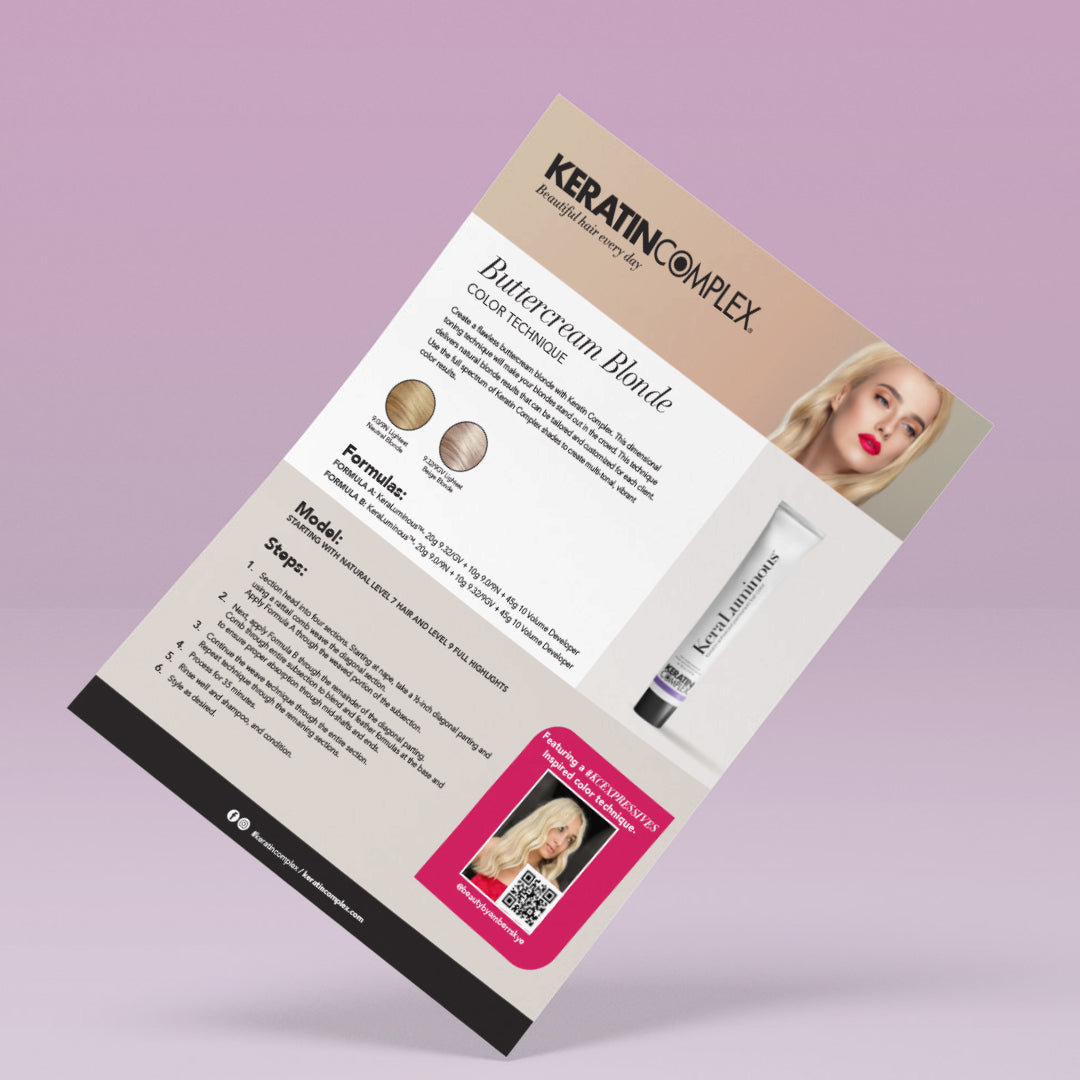 A promotional flyer for Keratin Complex showcasing the "Buttercream Blonde" color technique.