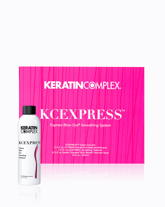 KCEXPRESS Express Blow Out® Smoothing System with a white bottle and a bright pink box displaying the product name and brand.