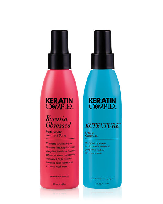 Keratin Obsessed and KCEXTURE sprays on white background 