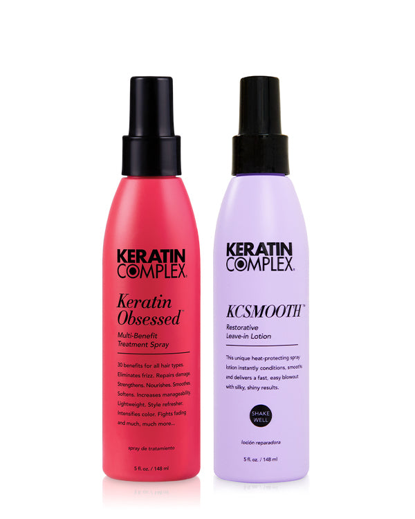 Keratin Obsessed Multi-Benefit Spray and  KCSMOOTH Restorative Leave-in on a white background 