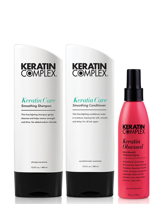 13.5 oz. Keratin Care Shampoo and 13.5 oz. Keratin Care Conditioner and 5 oz. Keratin Obsessed on white background