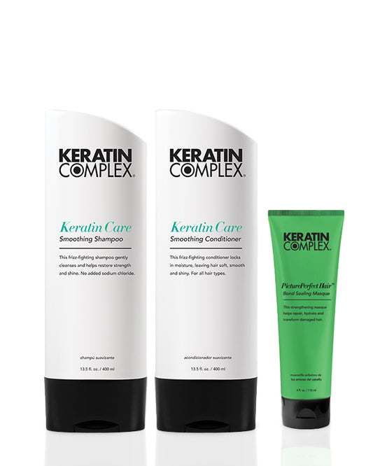 Keratin Care shampoo and conditioner and PicturePerfect Hair on a white background