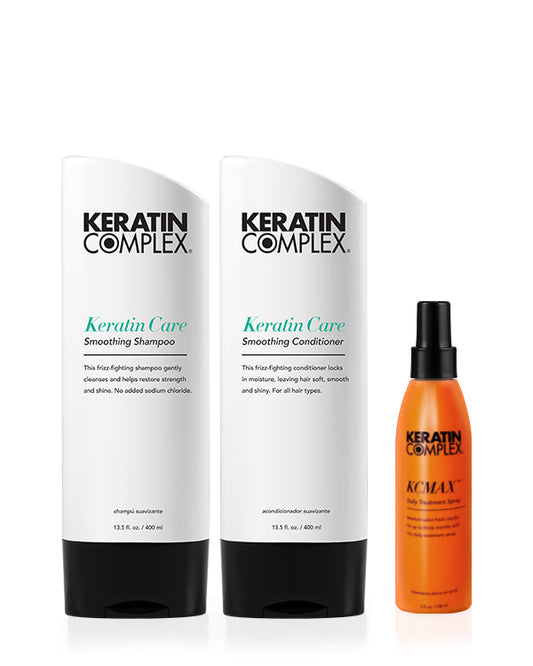 Keratin Care Smoothing Shampoo and conditioner and KCMAX Daily Treatment on white background